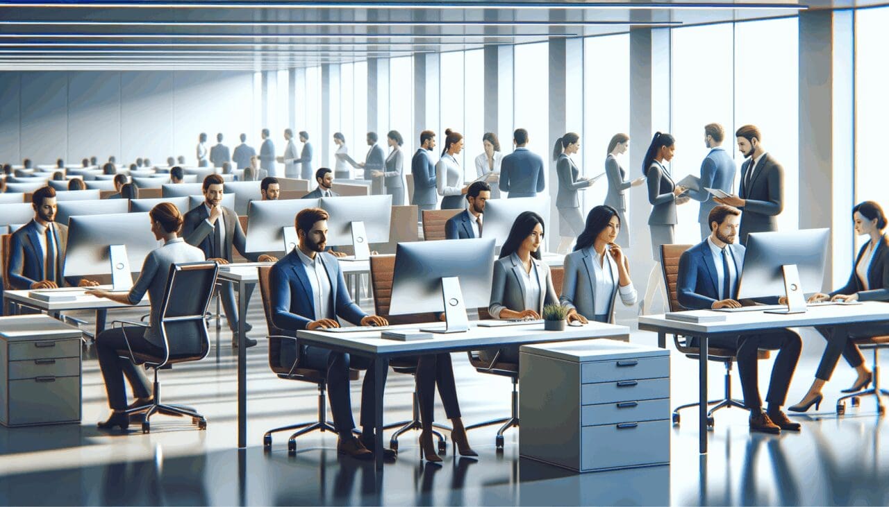 Oficina tecnológica con empleados trabajando frente a computadoras