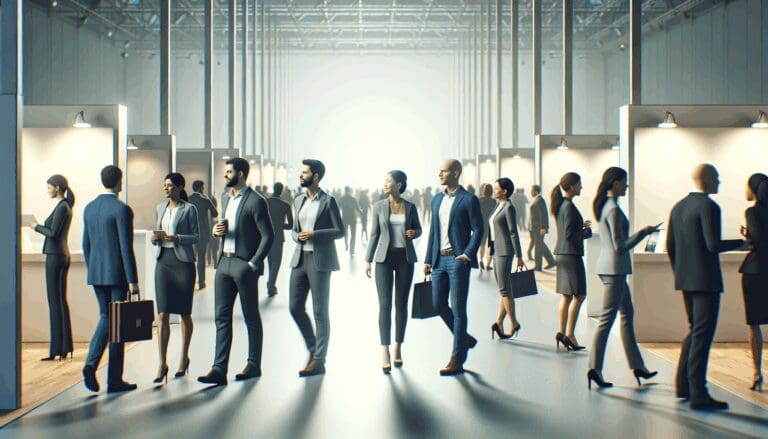 Emprendedores y asistentes caminando entre stands en un evento tecnológico moderno