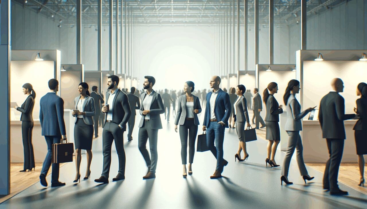 Emprendedores y asistentes caminando entre stands en un evento tecnológico moderno