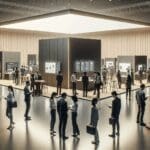 Personas observando prototipos en una feria tecnológica interior con stands modernos