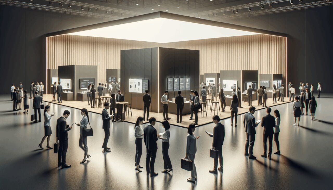 Personas observando prototipos en una feria tecnológica interior con stands modernos