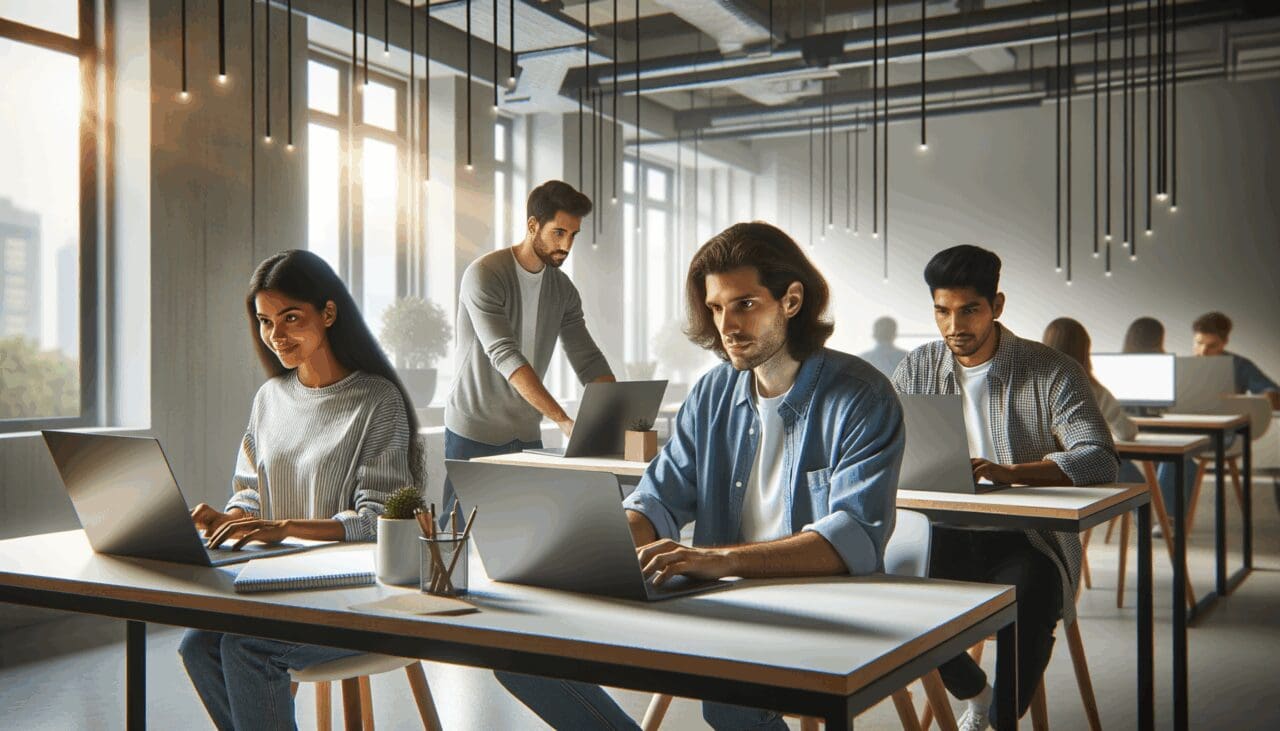 Equipo de trabajo desarrollando software en un espacio de coworking moderno y minimalista