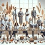 Equipo de emprendedores trabajando en un laboratorio con muestras naturales y herramientas tecnológicas