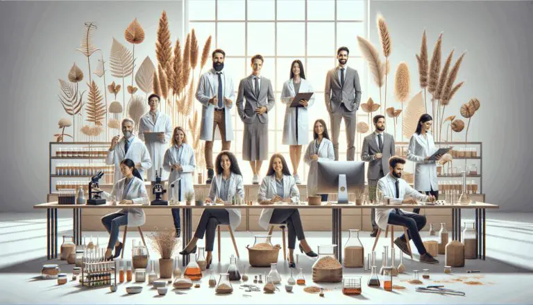 Equipo de emprendedores trabajando en un laboratorio con muestras naturales y herramientas tecnológicas