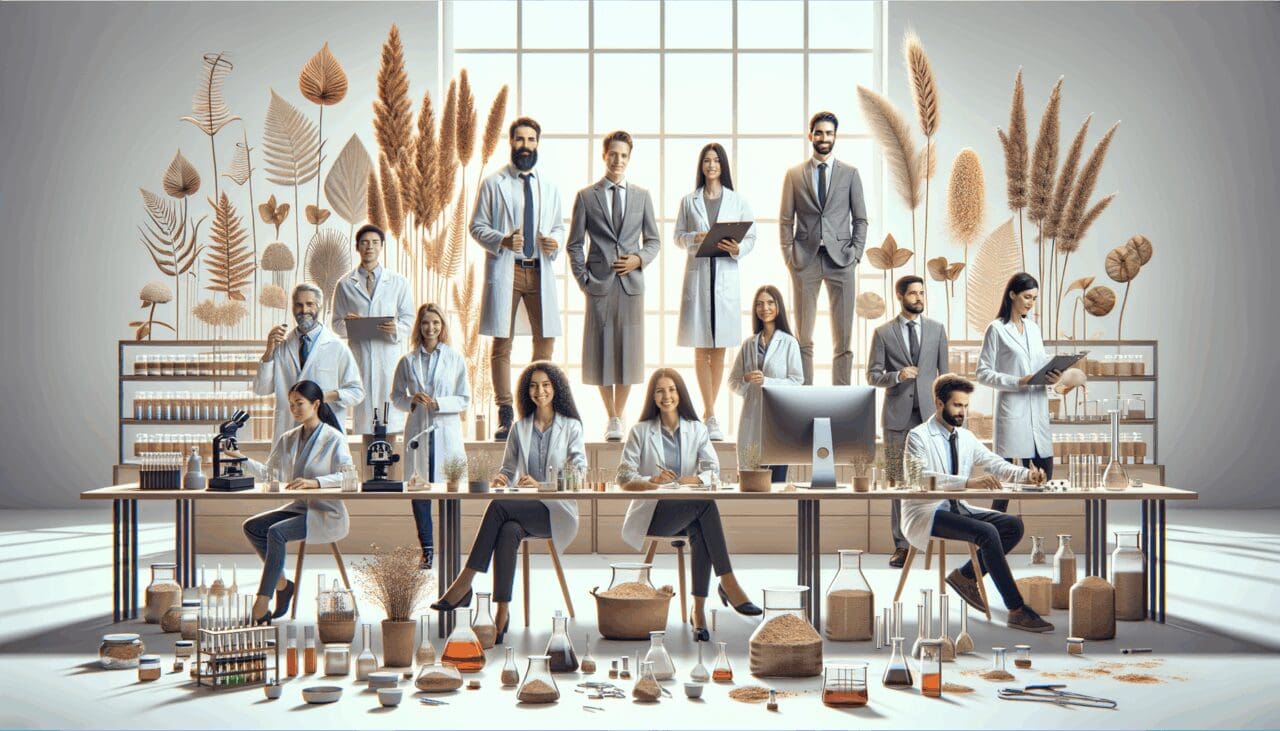 Equipo de emprendedores trabajando en un laboratorio con muestras naturales y herramientas tecnológicas