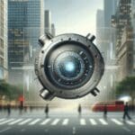 Dispositivo de defensa tecnológica sobre un fondo urbano desenfocado, en estilo limpio y futurista