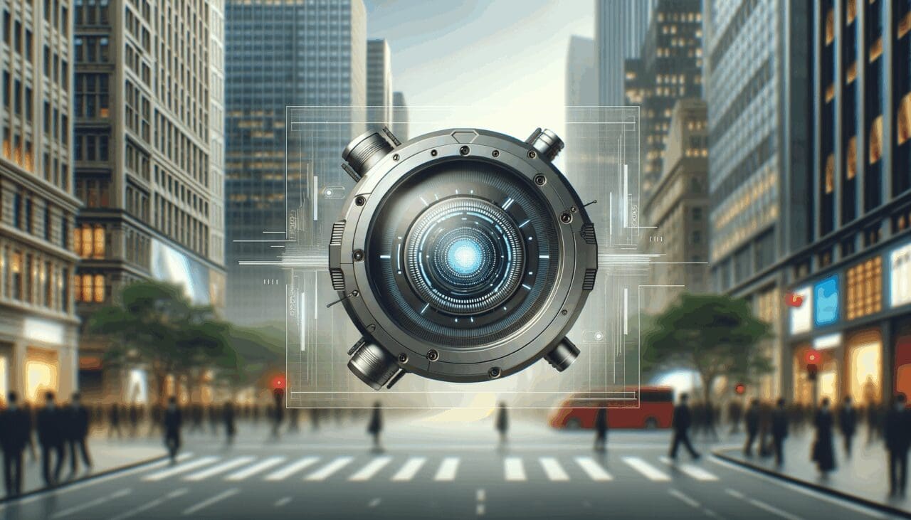 Dispositivo de defensa tecnológica sobre un fondo urbano desenfocado, en estilo limpio y futurista