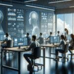 Equipo de ingenieros trabajando en una oficina moderna con pantallas de inteligencia artificial.