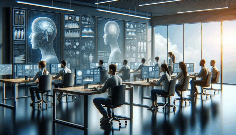 Equipo de ingenieros trabajando en una oficina moderna con pantallas de inteligencia artificial.