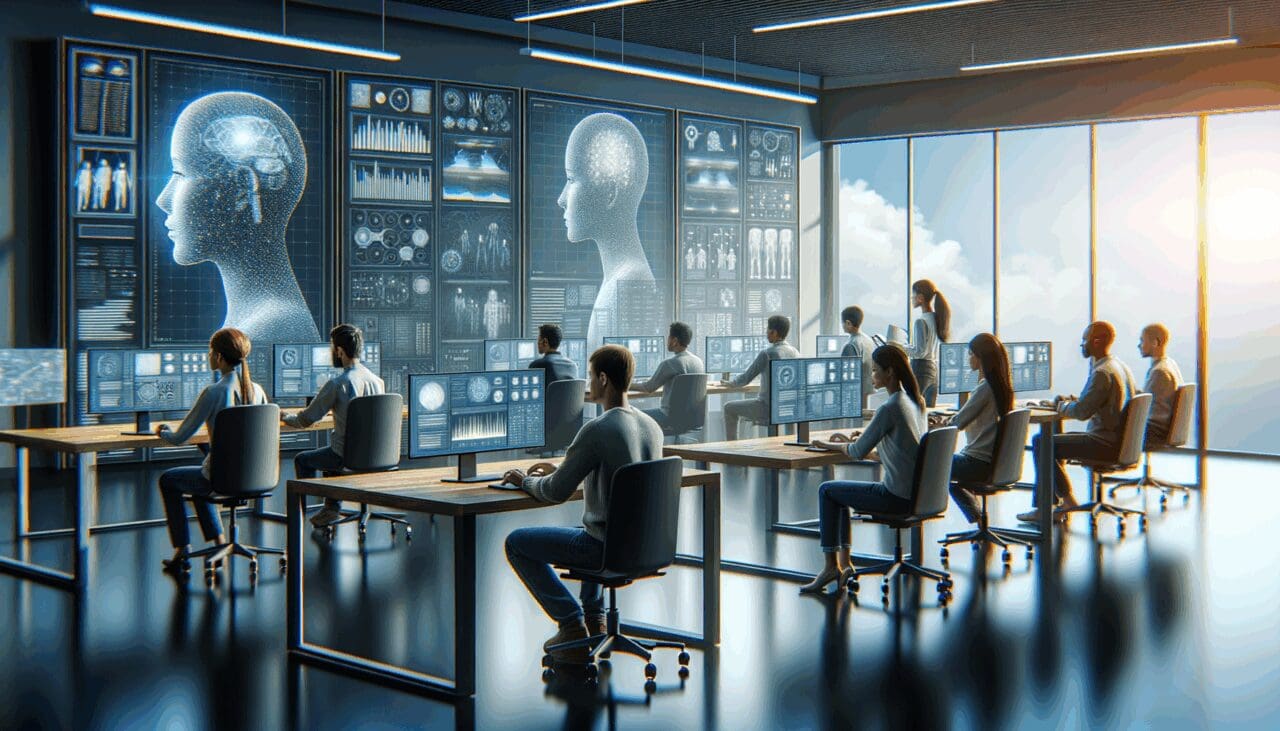 Equipo de ingenieros trabajando en una oficina moderna con pantallas de inteligencia artificial.