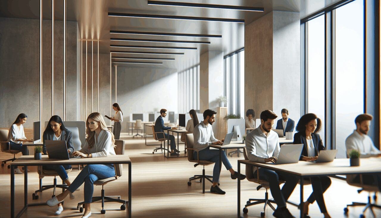 Interior moderno de oficina de coworking con emprendedores trabajando en laptops