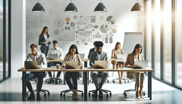 Equipo emprendedor trabajando en una oficina moderna con laptops y pizarra blanca al fondo