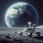 Rover lunar sobre superficie gris con la Tierra al fondo en un cielo negro