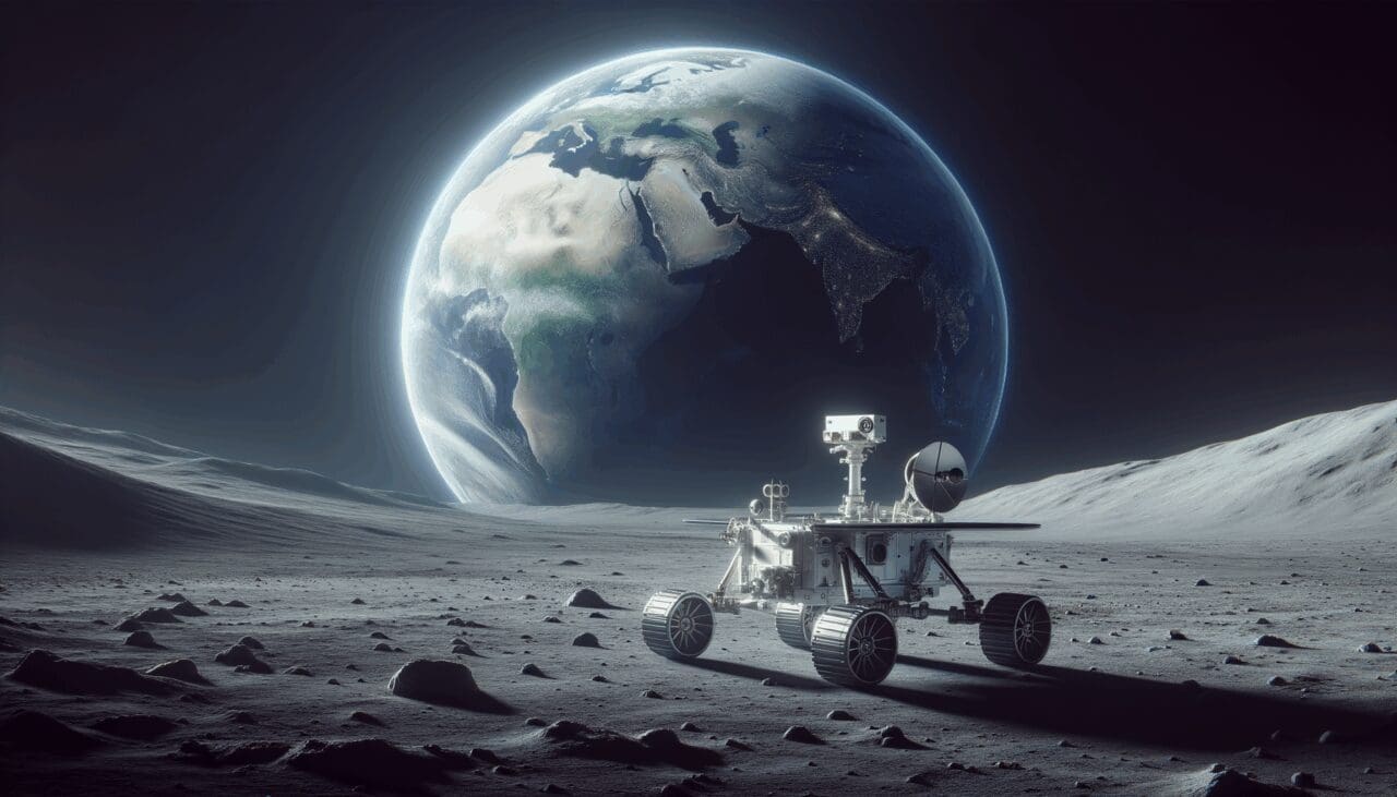 Rover lunar sobre superficie gris con la Tierra al fondo en un cielo negro