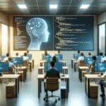 Oficina moderna con empleados frente a monitores resaltando código y elementos de inteligencia artificial