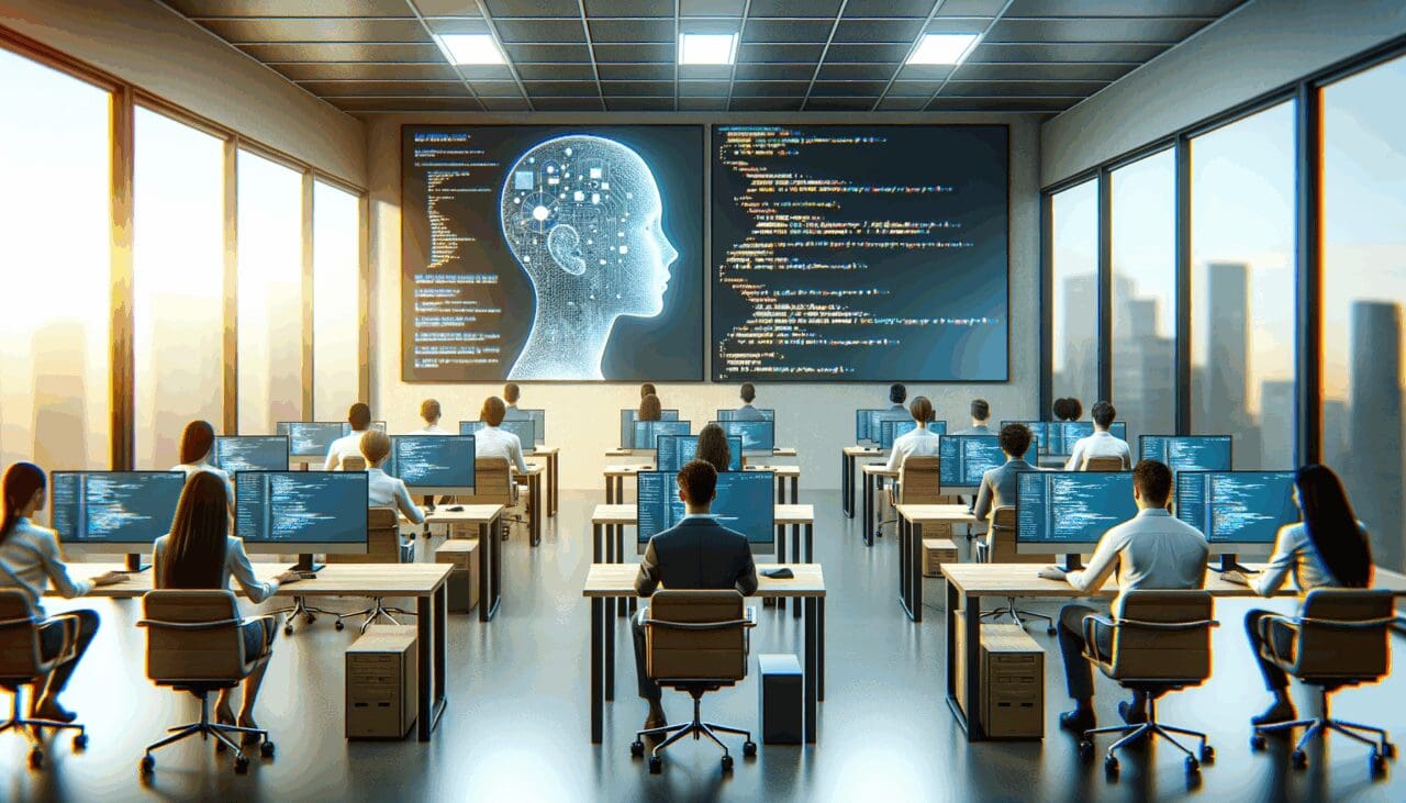 Oficina moderna con empleados frente a monitores resaltando código y elementos de inteligencia artificial