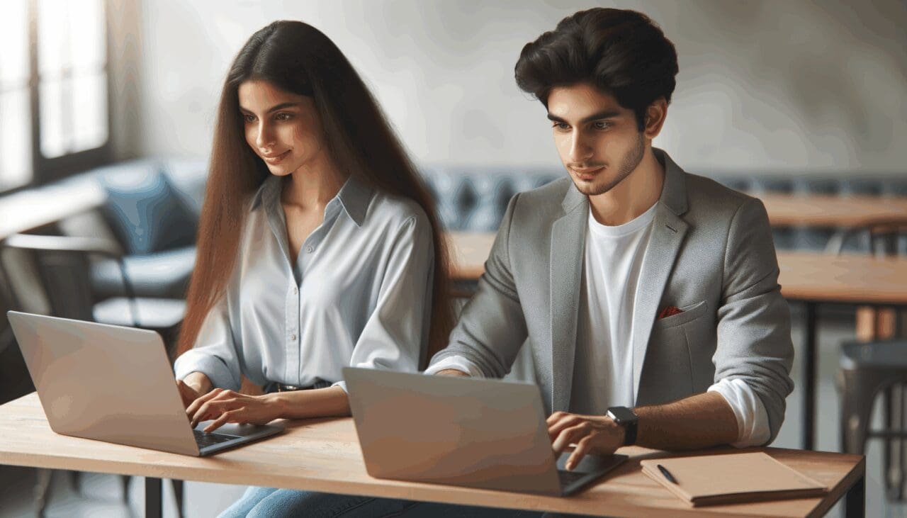 Dos jóvenes emprendedores trabajando en laptops en un espacio de coworking moderno