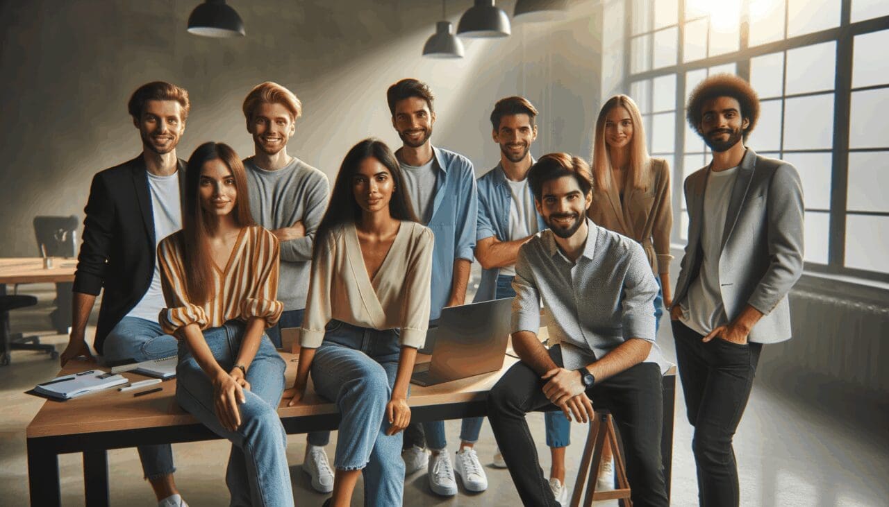 Jóvenes emprendedores colaborando en un espacio de trabajo moderno