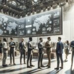 Emprendedores dialogando frente a pantallas digitales en un centro de convenciones tecnológico