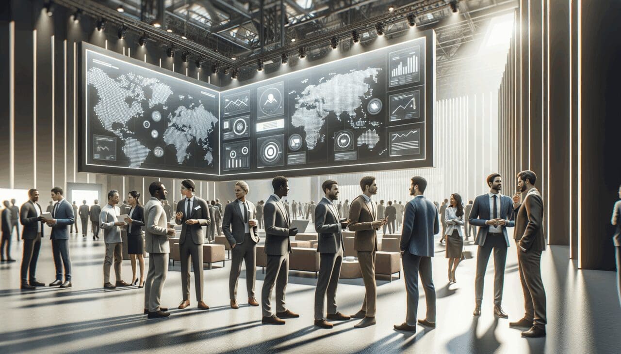 Emprendedores dialogando frente a pantallas digitales en un centro de convenciones tecnológico