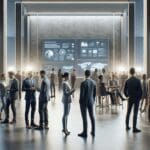 Vista interior de un evento tecnológico con asistentes interactuando y pantallas digitales de fondo