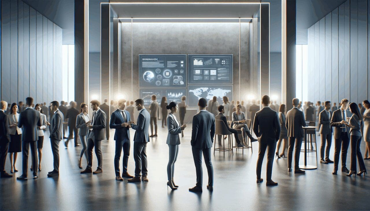 Vista interior de un evento tecnológico con asistentes interactuando y pantallas digitales de fondo