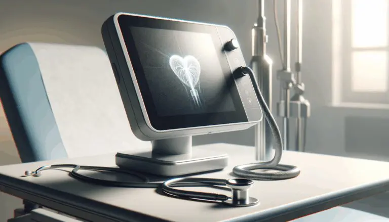 Primer plano de un dispositivo tecnológico moderno sobre una mesa médica
