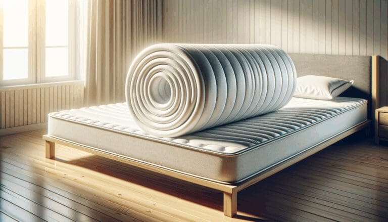 Primer plano de un innovador colchón enrollado sobre una cama en un dormitorio moderno y luminoso