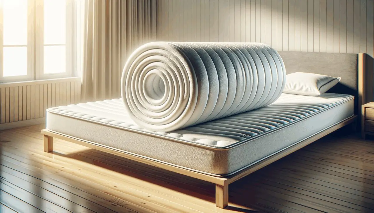 Primer plano de un innovador colchón enrollado sobre una cama en un dormitorio moderno y luminoso