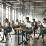 Oficinas modernas con jóvenes emprendedores trabajando en laptops