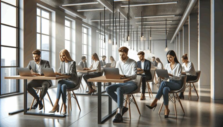 Oficinas modernas con jóvenes emprendedores trabajando en laptops