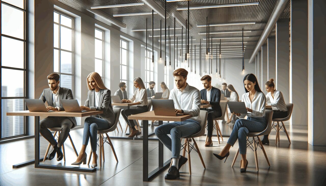 Oficinas modernas con jóvenes emprendedores trabajando en laptops