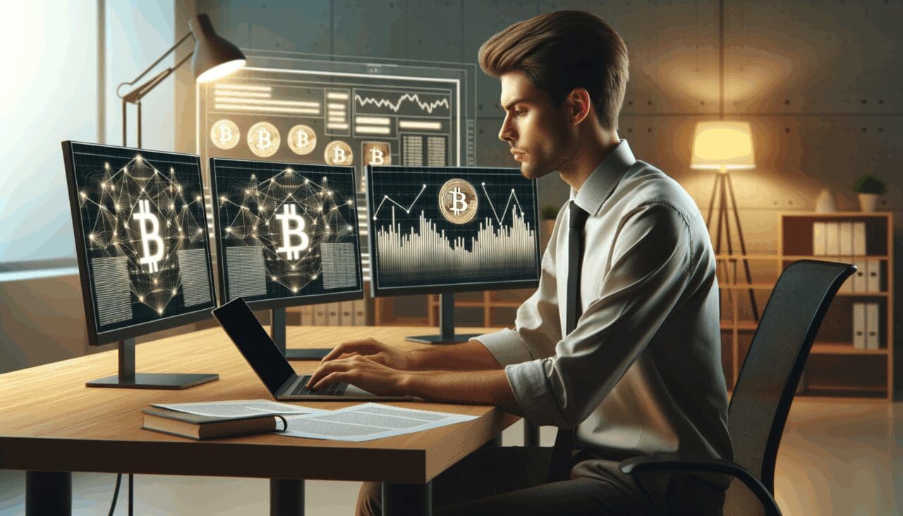 Joven emprendedor trabajando frente a múltiples pantallas con gráficos de criptomonedas