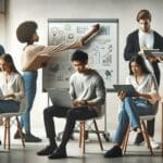 Grupo de jóvenes emprendedores colaborando en un espacio de coworking con laptops y pizarras