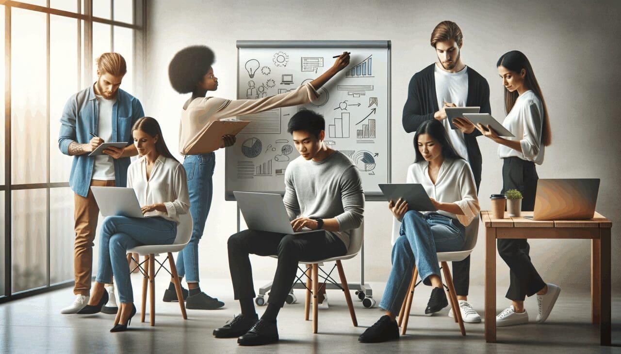 Grupo de jóvenes emprendedores colaborando en un espacio de coworking con laptops y pizarras