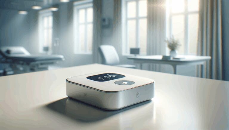 Dispositivo tecnológico pequeño y moderno sobre una mesa blanca en un entorno clínico