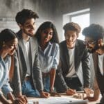 Grupo diverso de jóvenes emprendedores colaborando en un espacio de trabajo moderno