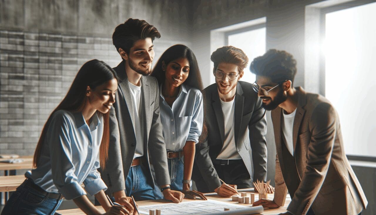 Grupo diverso de jóvenes emprendedores colaborando en un espacio de trabajo moderno