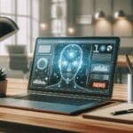 Laptop con interfaz gráfica de navegador futurista basado en inteligencia artificial en una mesa de trabajo moderna