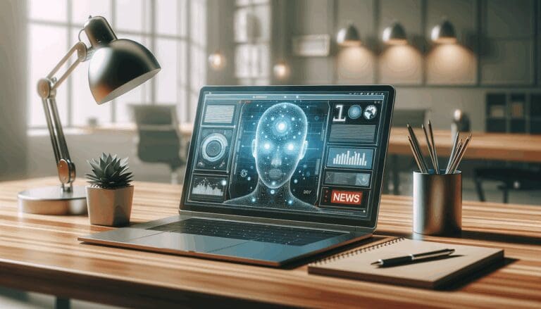 Laptop con interfaz gráfica de navegador futurista basado en inteligencia artificial en una mesa de trabajo moderna