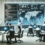 Equipo de desarrolladores fintech trabajando en una oficina moderna con pantallas de código y gráficos financieros.