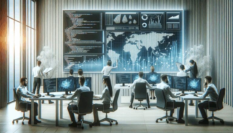 Equipo de desarrolladores fintech trabajando en una oficina moderna con pantallas de código y gráficos financieros.