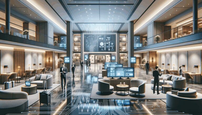 Lobby moderno de hotel con dispositivos tecnológicos en uso