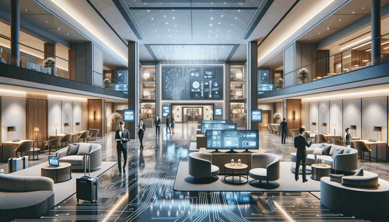 Lobby moderno de hotel con dispositivos tecnológicos en uso
