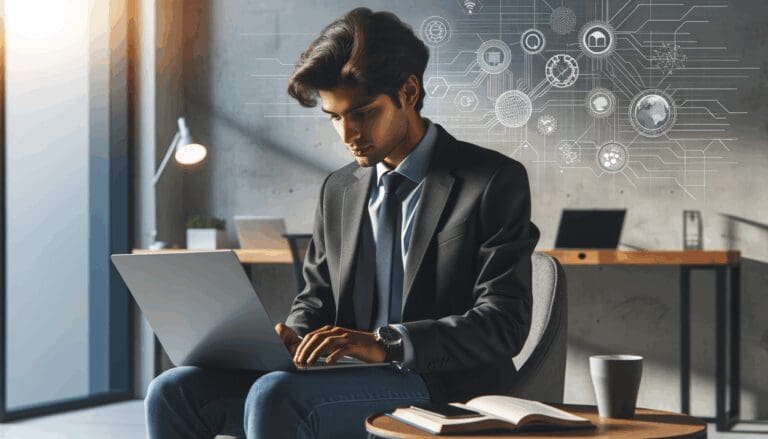 Emprendedor joven usando su laptop en una oficina moderna con fondo tecnológico