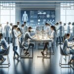 Laboratorio moderno con jóvenes diseñando soluciones tecnológicas sostenibles