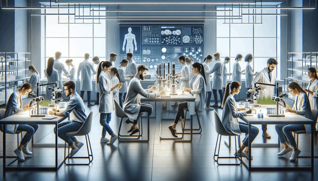Laboratorio moderno con jóvenes diseñando soluciones tecnológicas sostenibles