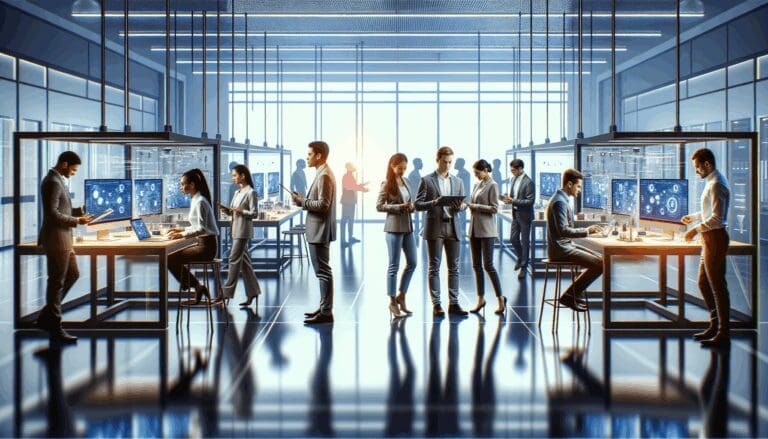 Equipos de emprendedores trabajando en un laboratorio tecnológico moderno