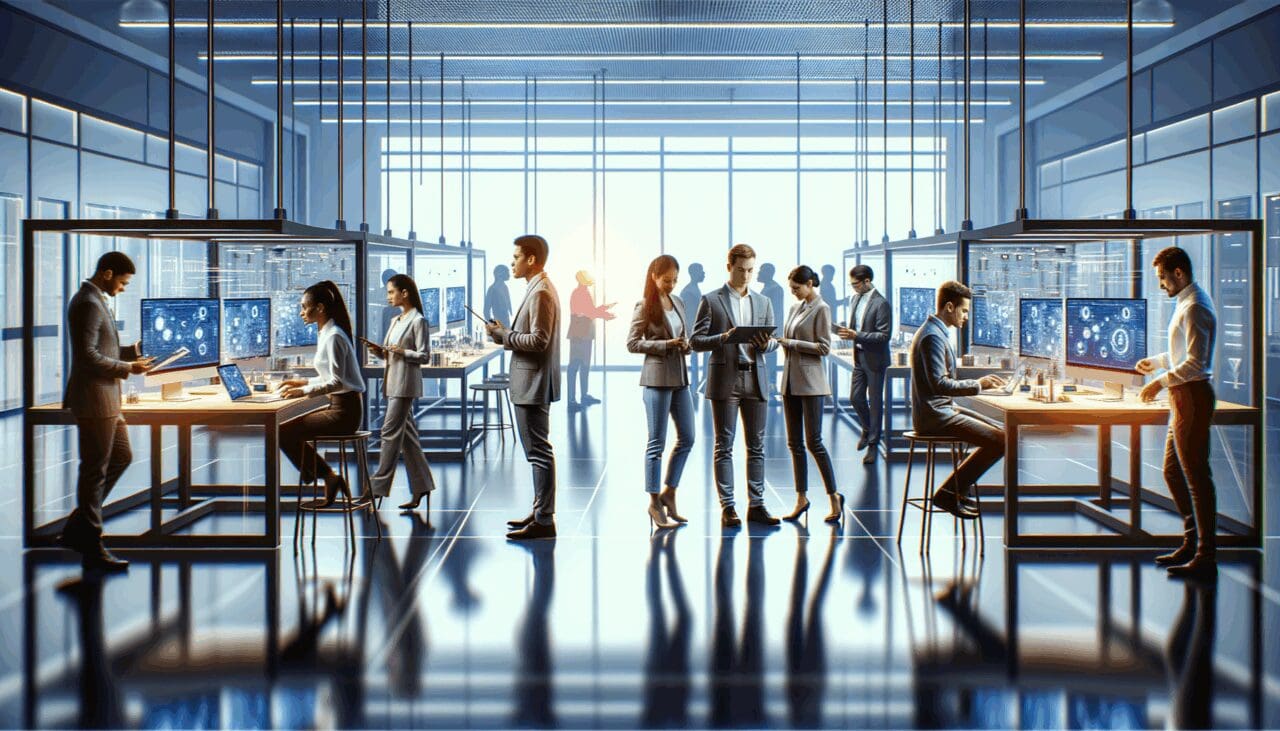 Equipos de emprendedores trabajando en un laboratorio tecnológico moderno