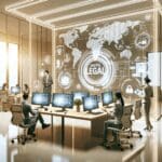 Oficina moderna con equipo tecnológico trabajando en soluciones legales digitales